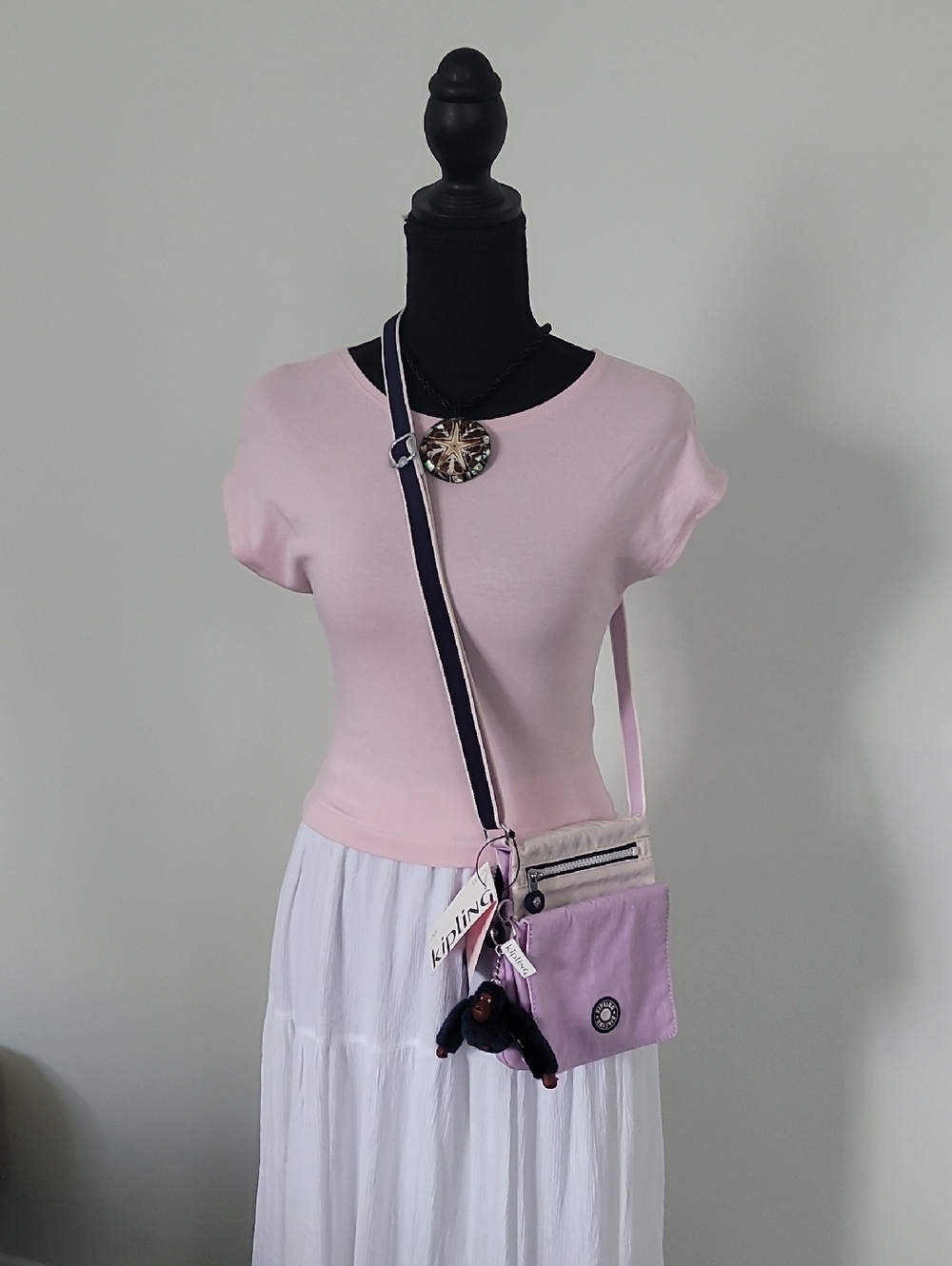 Kipling Two-Tone Lilac & Beige Crossbody Pouch with Navy-Trim Strap